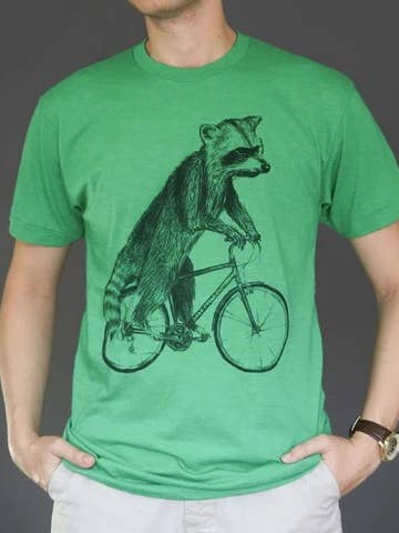 Raccoon on a Bicycle Unisex Tee for wholesale by Dark Cycle Clothing