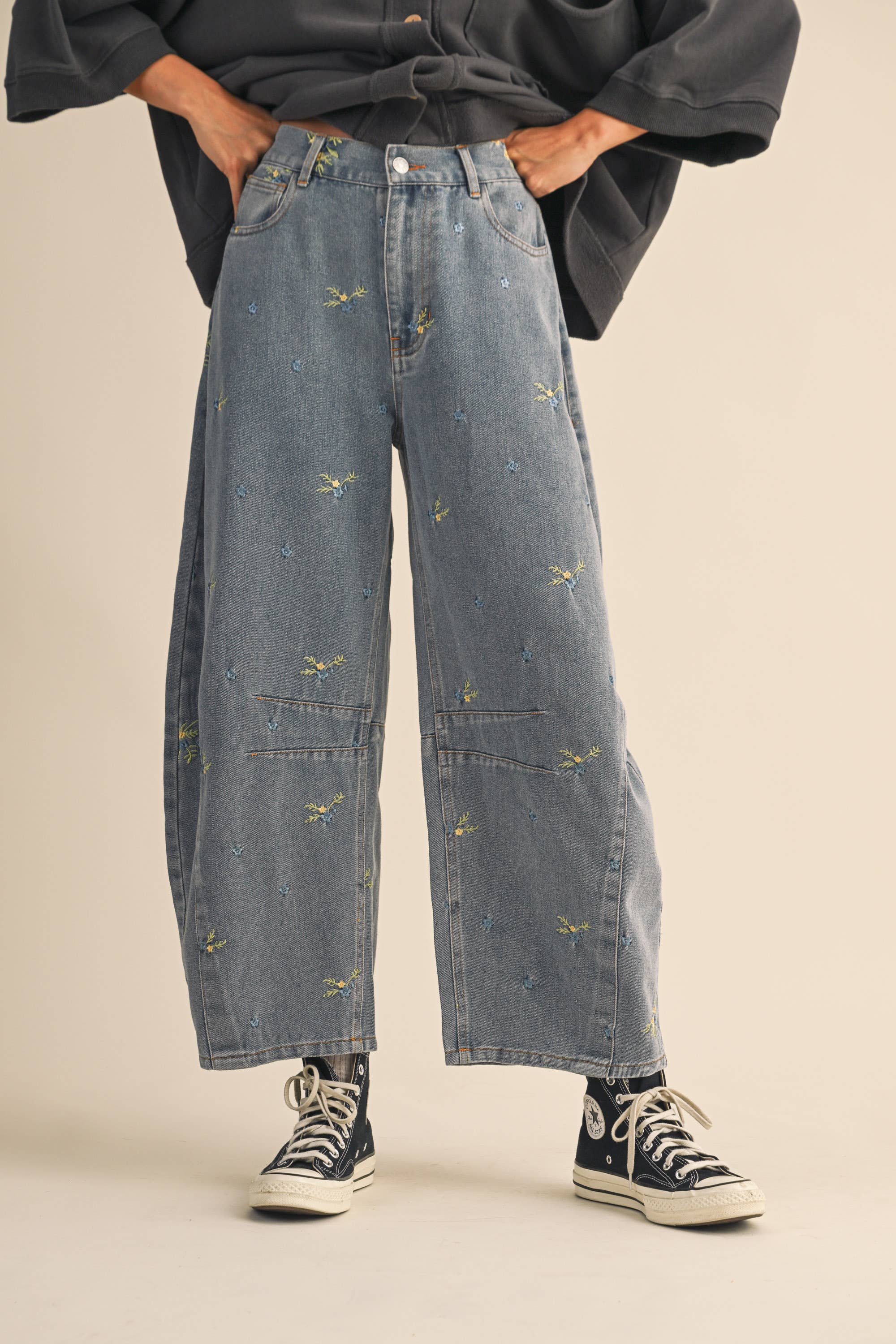 IP1373-C FLORAL EMROIDERED BARREL DENIM PANTS for wholesale on Faire