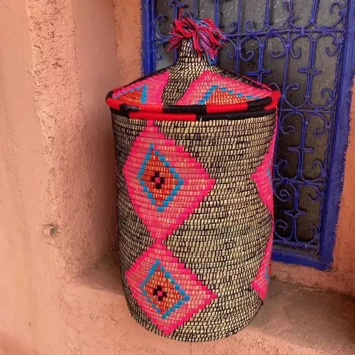 Cesto de folha de palmeira com tampa – Cesto de armazenamento boémio feito à mão por atacado de HandHappiness