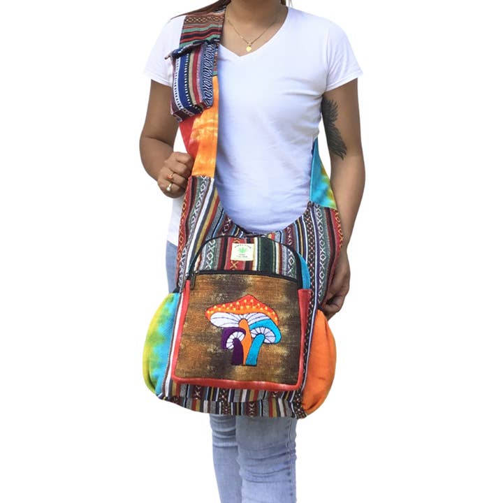 Multi Colored Trippy Mushrooms Embroidery Hemp and Cotton Tie Dye Hobo Bag for wholesale on Faire1