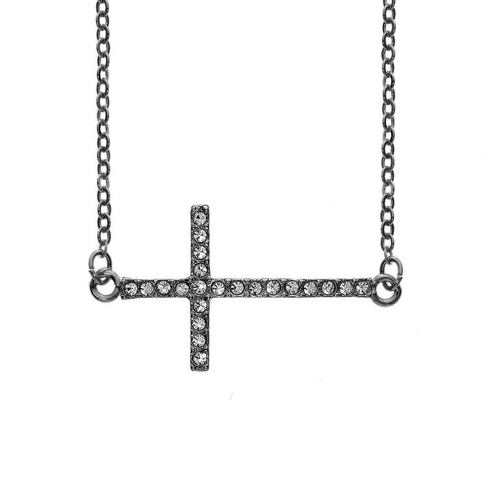 Pendentif en forme de croix Horiz en métal rhodié noir avec cristaux blancs pour la vente par Luxe on Main LLC