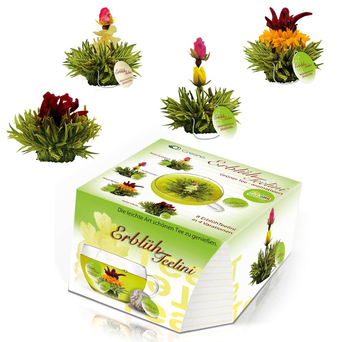 Creano – wholesale Loose tea – Creano “ErblühTeelini” 8 tea flowers in 4 varieties (green tea)1