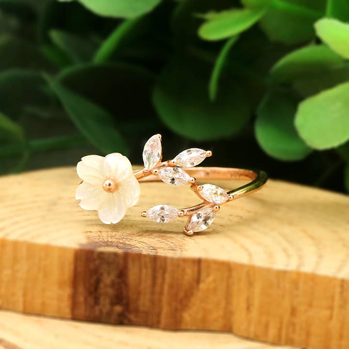 Amy and Annette - Wholesale Multi-Stone Ring - 14K Rose Gold Floral Bypass Ring With Crystals3