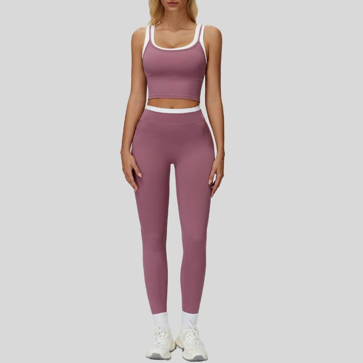 Ensemble 2 pièces : débardeur de sport contrastant + leggings de sport pour la vente par WONDERXFANS