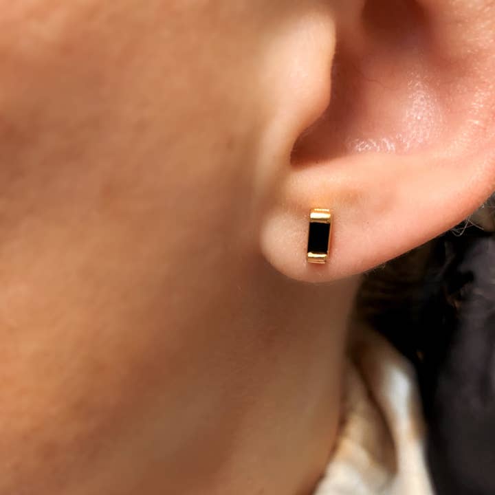 GoldFi - Wholesale Stud/Post Earrings - Black Cubic Zirconi Baguette Stud Earrings In Gold Filled