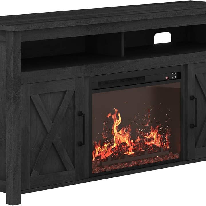 58 Inch Farmhouse TV Stand With Electric Fireplace Grey for wholesale on Faire9