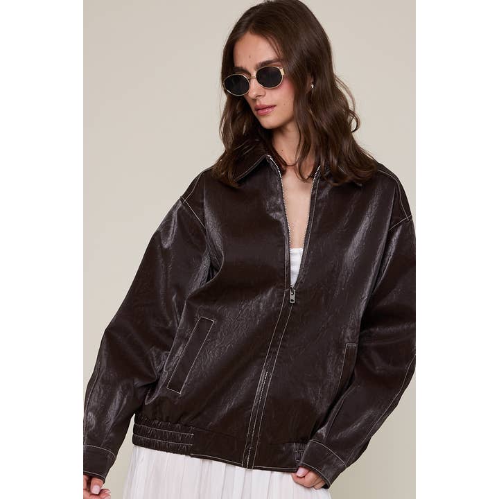 FAUX LEATHER COLLARED TRIM POINT OVERSIZED JACKET for wholesale by Sky to Moon