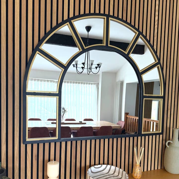 Mio - Black & Gold Metal Arched Window Mirror - 95cm x 120cm for wholesale by Jobu Home