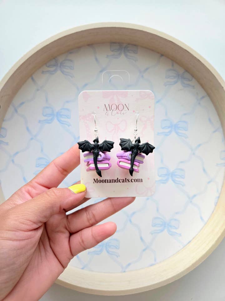 Purple fantasy book earrings / purple dragon fantasy books for wholesale by Moon & Cats