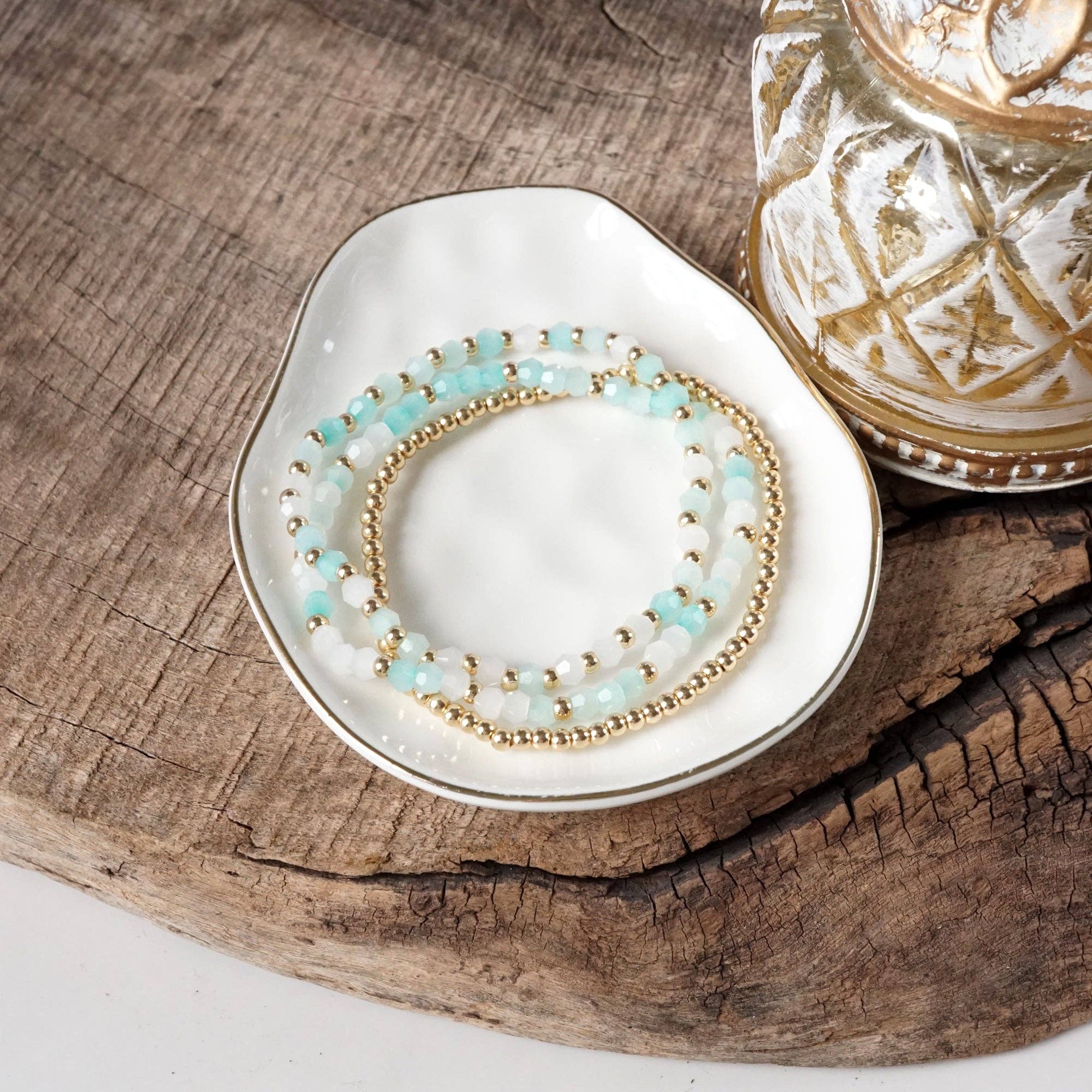 PennyLine inc - Wholesale Beaded Bracelet - Small Gold tone and Glass beads bracelet stack of 3 bracelets - Pink Mint Multi0