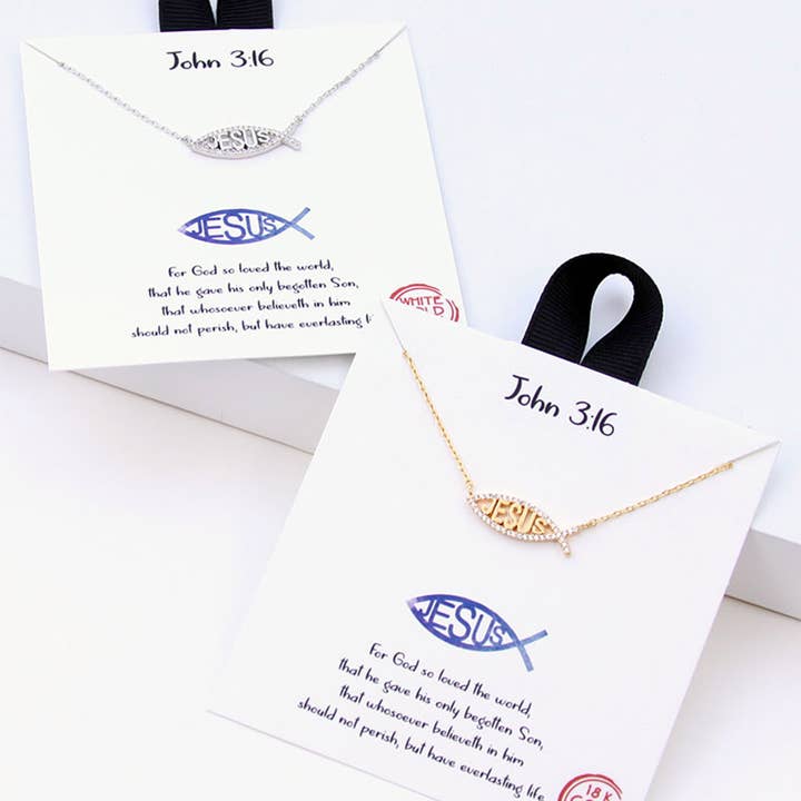 Fashion City - Wholesale Pendant/Charm Necklace - CZ Gold-Dipped Jesus Fish Pendant Necklace