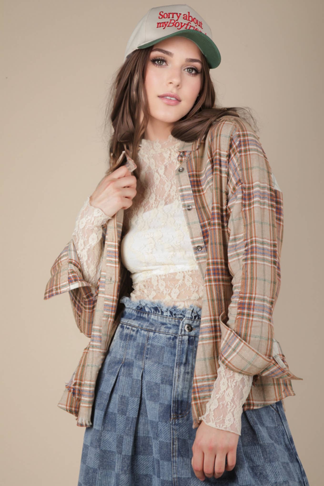 VERY J - Wholesale Button Down Shirt - Women's - NT11681-Contrast Plaid Detail Casual Shirt Top7