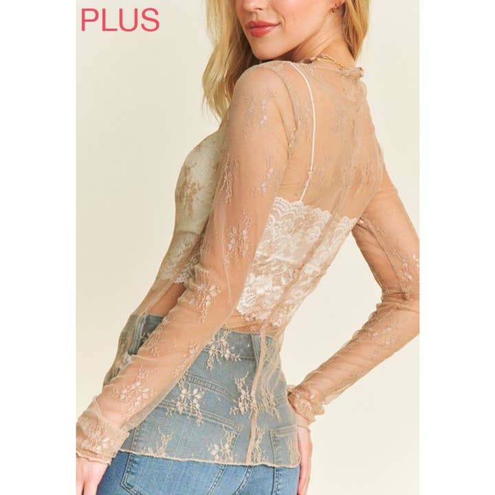 Coloring You - Wholesale Blouse – Women’s - 9602X PLUS SIZE MESH LACE HIGH NECK LONG SLEEVE FITTED TOP1