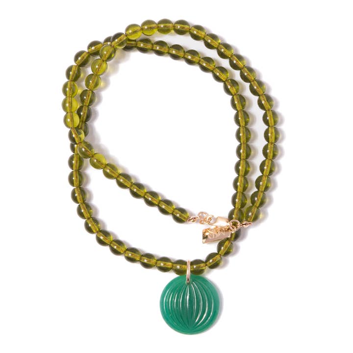 Glass Olive + Jade Beaded Pendant Necklace for wholesale by Michelle Starbuck Designs