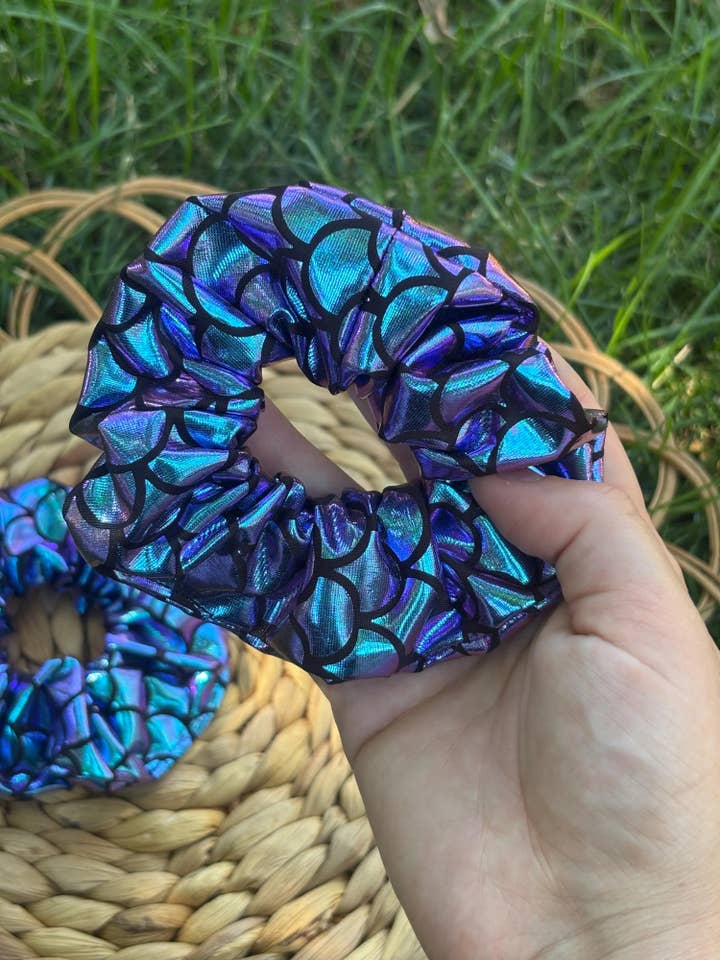 Holographic Scrunchies in Scales Print for wholesale by My Lavender Lane