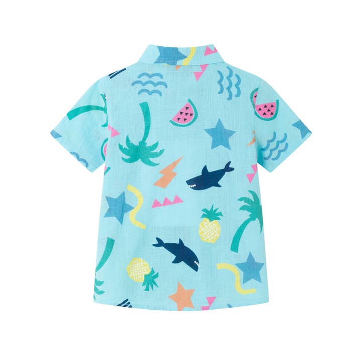 Light Blue Kids (2-7) Fun Print Buttondown Set | Tropical Adventure for wholesale on Faire