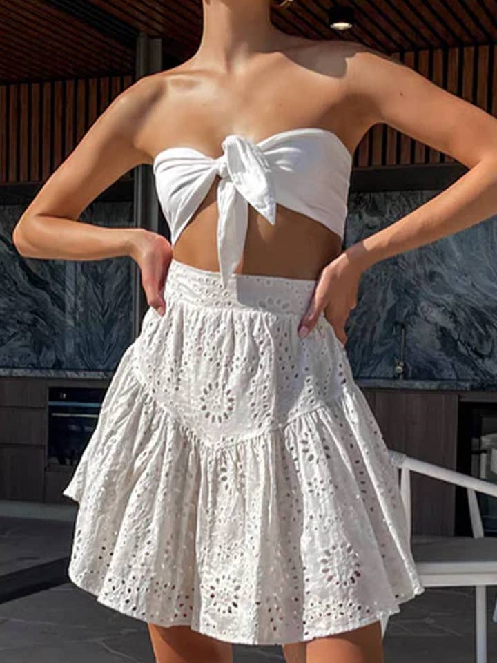 S2023ES0018- White Sheer Lace Mini Skirt for wholesale by MOREGLAM