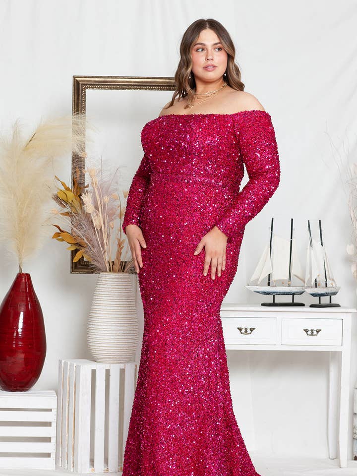 LAY8876 Long Sleeve Sequin Off The Shoulder Formal Gown for wholesale by LA Merchandise
