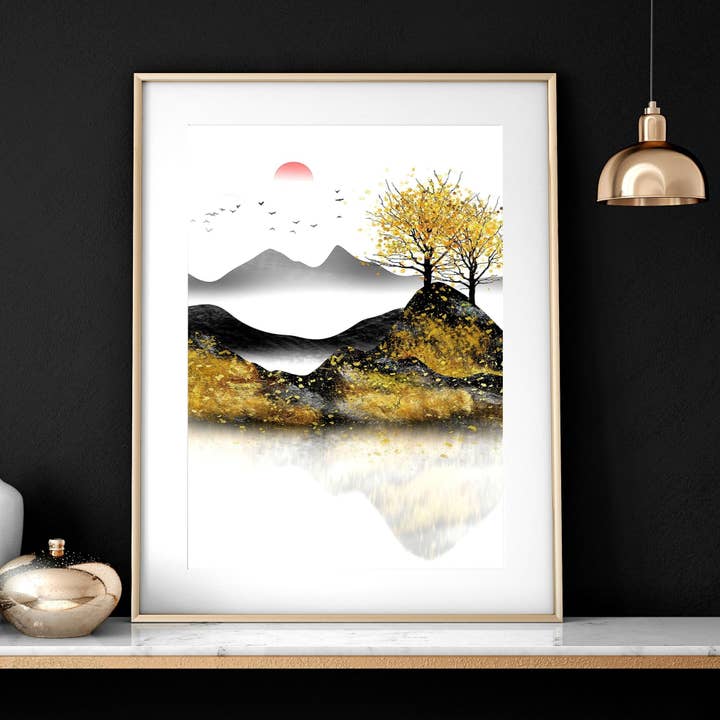 Goldfarbener japanischer Sonnenaufgang | Set mit 3 Wandkunstdrucken für den Großhandel von About Wall Art