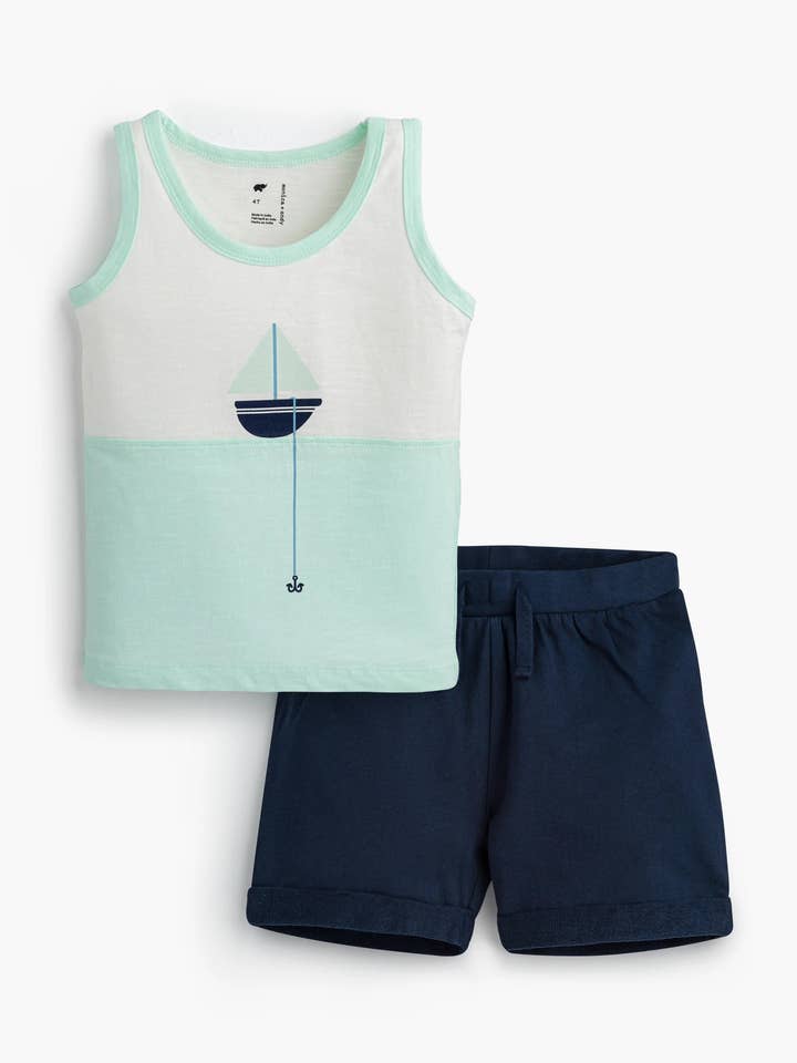 Conjunto de camiseta sin mangas para bebé - niño Kid Sunshine + pantalones cortos de verano_Ancla abajo para venta al por mayor de Monica + Andy