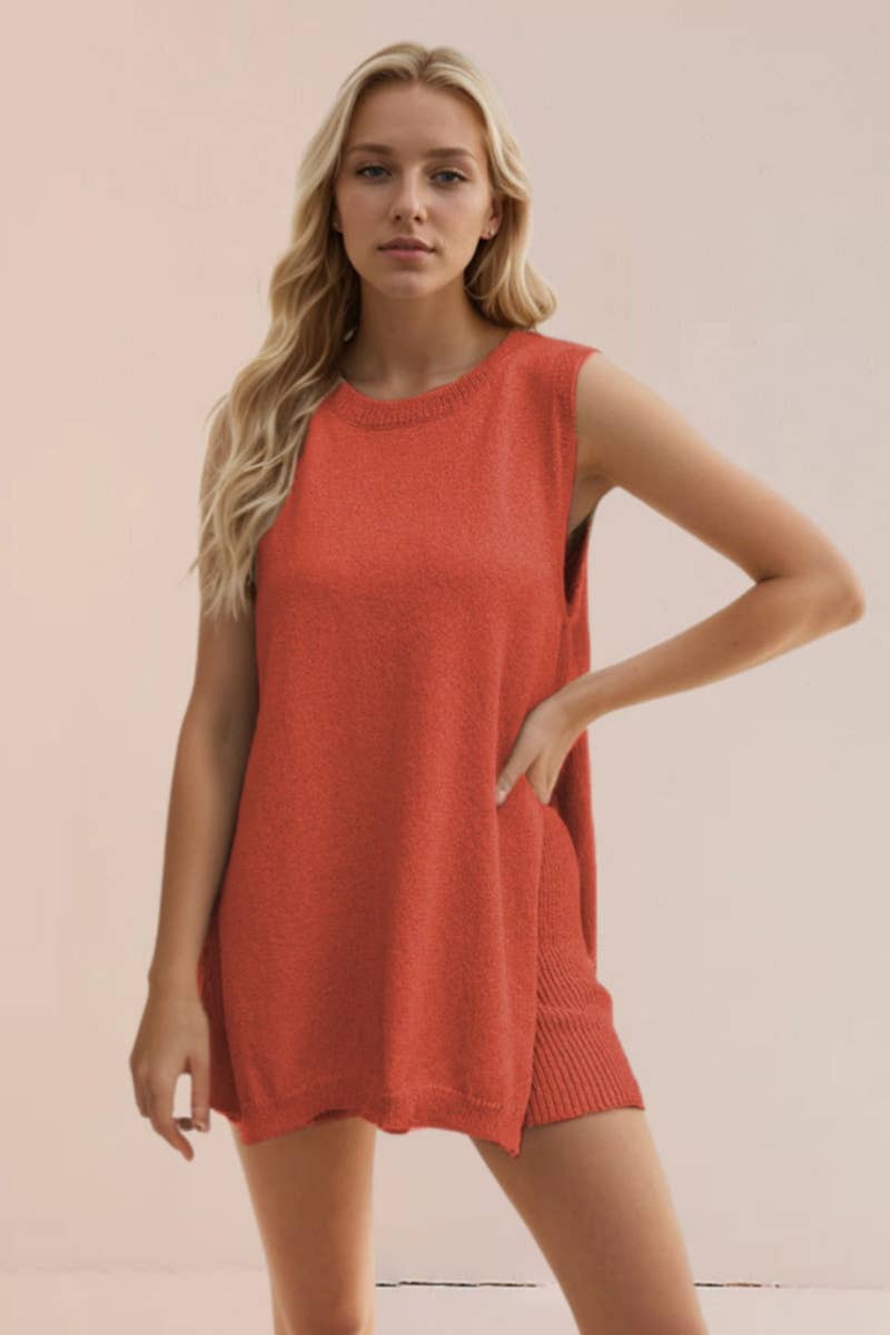 NINEXIS - Wholesale Lounge Set - Women's - CWSS0492_KNIT SPLIT SLEEVELESS VEST SHORTS SUIT8