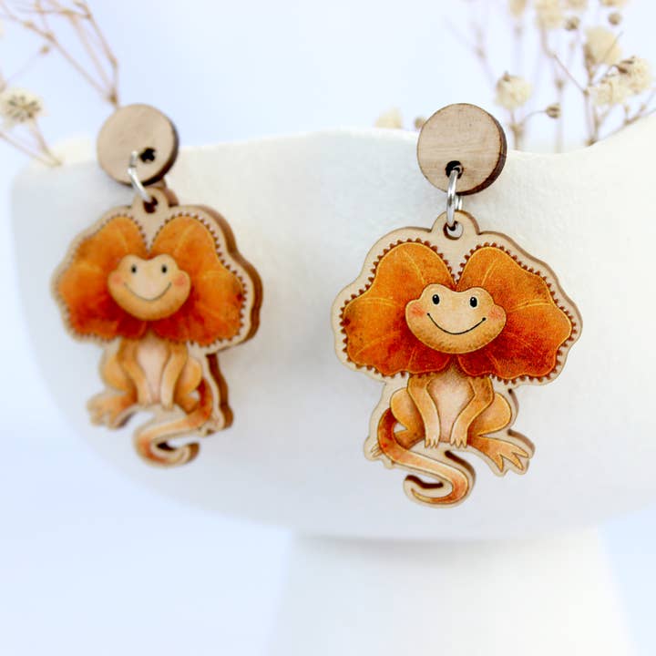 Australian Frillneck Lizard wooden statement earrings for wholesale by Stray Leaves