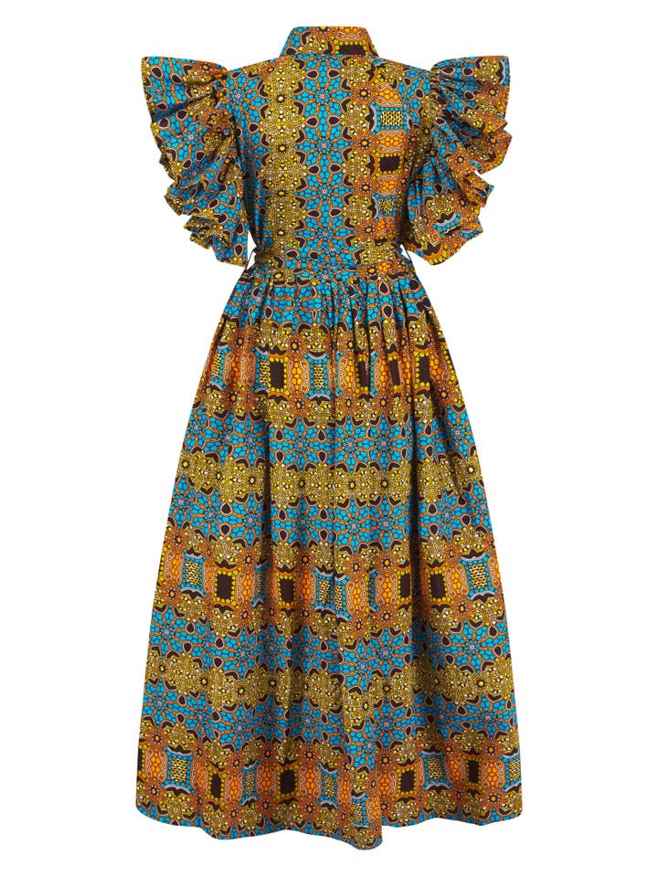 MUSTARD Akua Ruffle Sleeve African Print Maxi dress for wholesale on Faire1