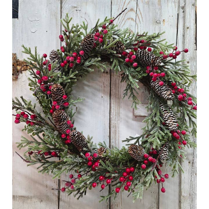 Wholesale Home Decor - Wholesale Artificial Flowers - Crimson & Pine 6.5in Candle Ring