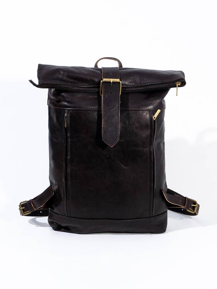 Handgjord svart läderryggsäck med rulltopp och dragkedjor för wholesale av isli and tisli
