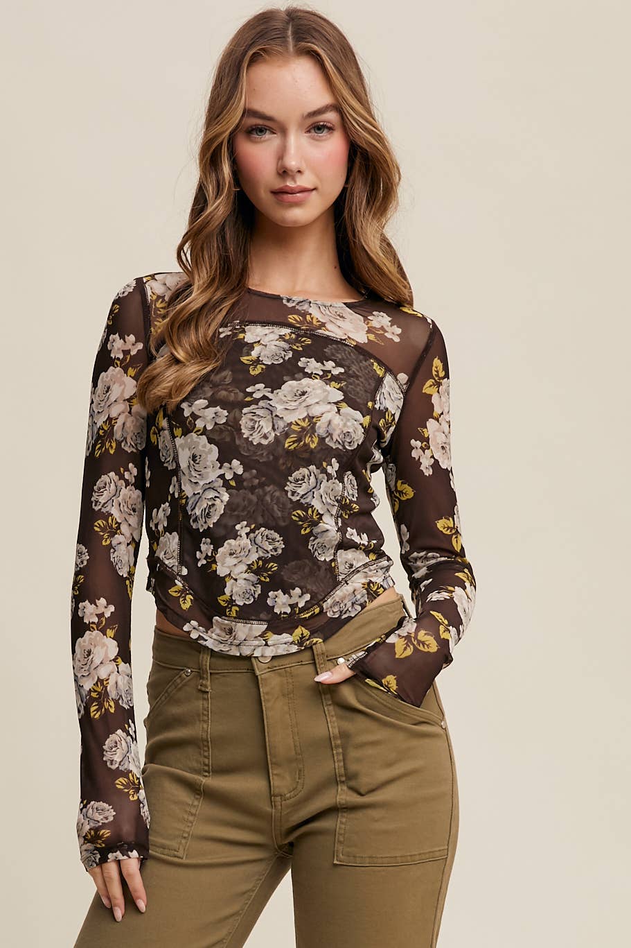 Listicle - Wholesale T-Shirt - Women's - Floral Mesh Long Sleeve Layering Top50