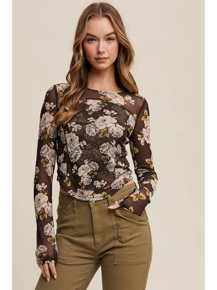Listicle - Wholesale T-Shirt - Women's - Floral Mesh Long Sleeve Layering Top50