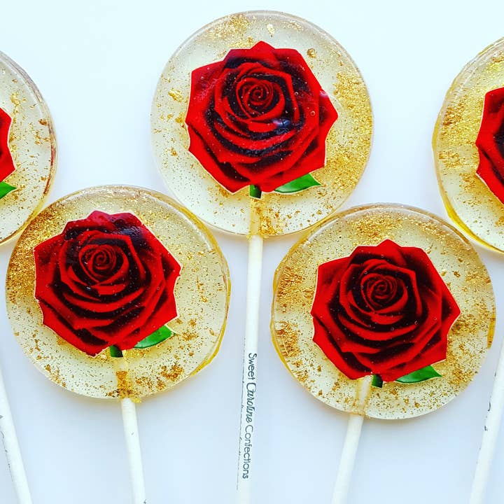 Sweet Caroline Confections - Vendita all'ingrosso Lecca lecca - Lecca lecca alla rosa rossa, fragola, 10/astuccio - VEGAN