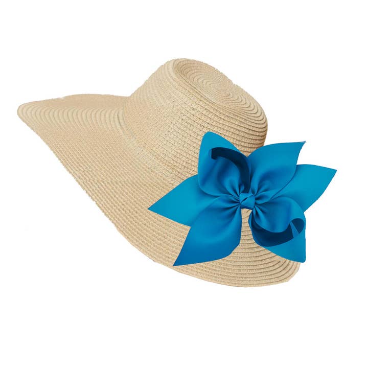 Le chapeau de paille Chatham avec nœud interchangeable - Bleu français pour la vente par Peachy Pendants