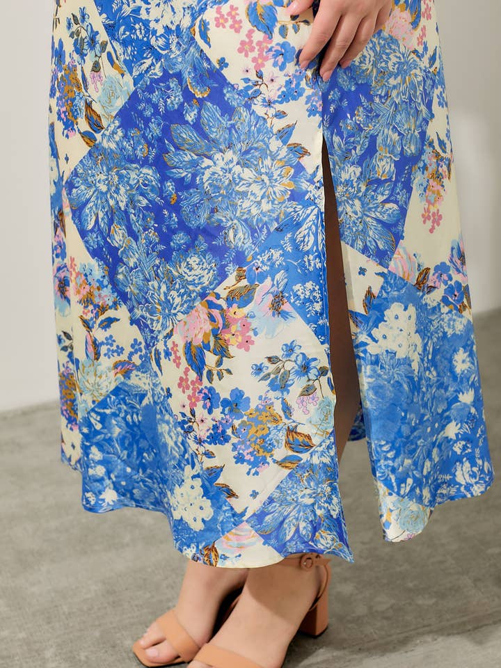 BLUE MULTI SATIN PRINT BIAS MAXI SKIRT for wholesale on Faire