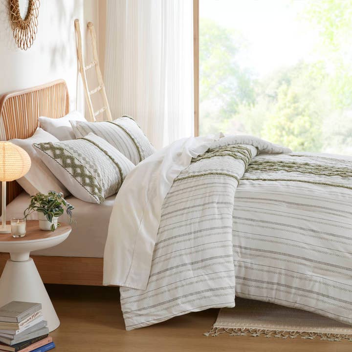 Olliix - Wholesale Bedding Set - 3pc Aztec Print Tufted Chenille Comforter Set, Sage/Ivory4