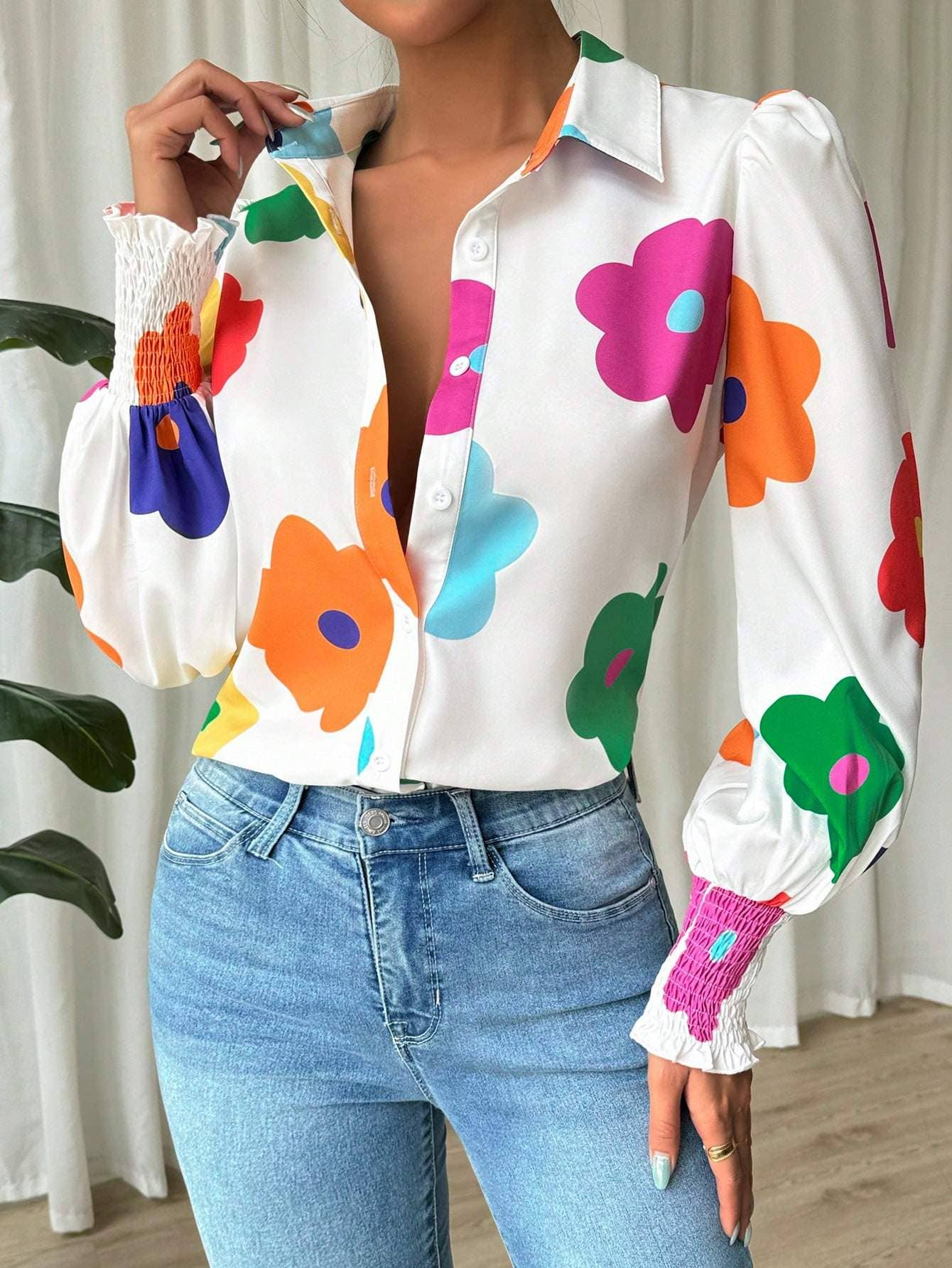 Fashion Combination - Wholesale Button Down Shirt - Women's - priv floral print lantern sleeve shirt7