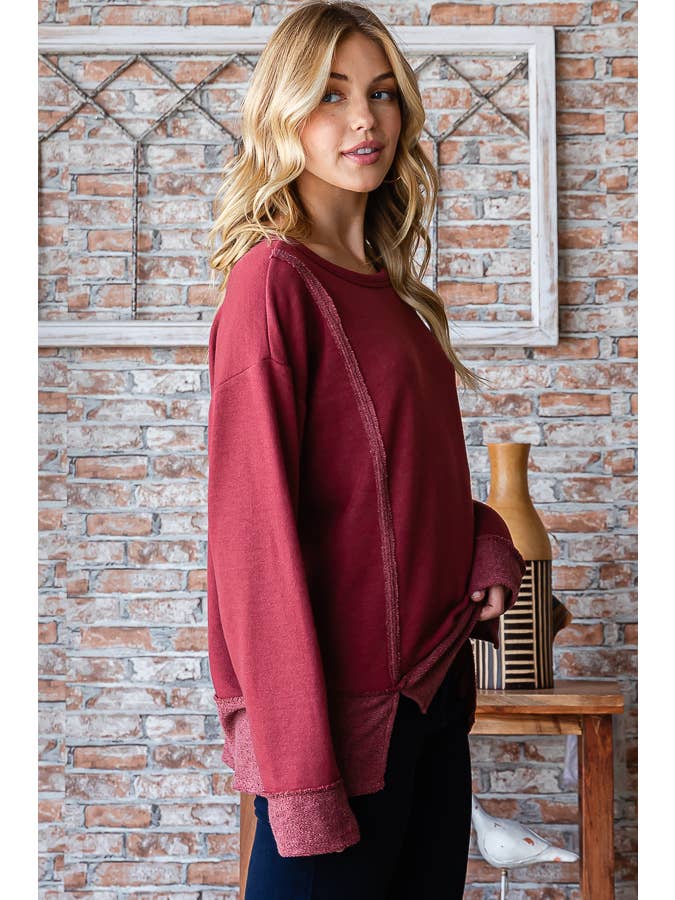 7th Ray - Wholesale Knit Top - Women's - Cotton Blend Raw Edge Hi Low Long Sleeve Top T5276XL