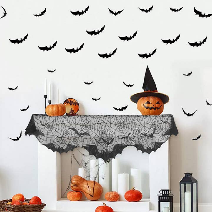 Black HALLOWEEN MANTEL BAT LACE TABLE RUNNER_CWMM1725 for wholesale on Faire1
