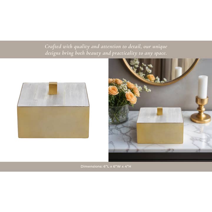 Sagebrook Home - Wholesale Decorative Box - Decorative Box - White/Gold Stone Selenite Top, 6 in. 12