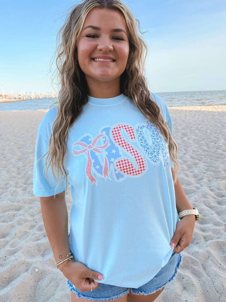 USA Lace Trim Patriotic Graphic Tee for wholesale by Dash Forward Wholesale