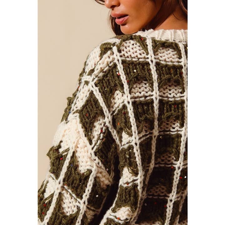 IVE - Wholesale Knit Sweater - Women's - CONTRAST COLOR SQUARE KNITTED SWEATER TOP