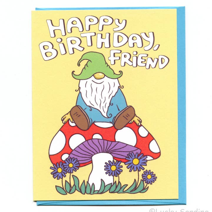 Gnome & Mushroom, Happy Birthday Friend, Flower Shroom Card for wholesale by Lucky Sardine