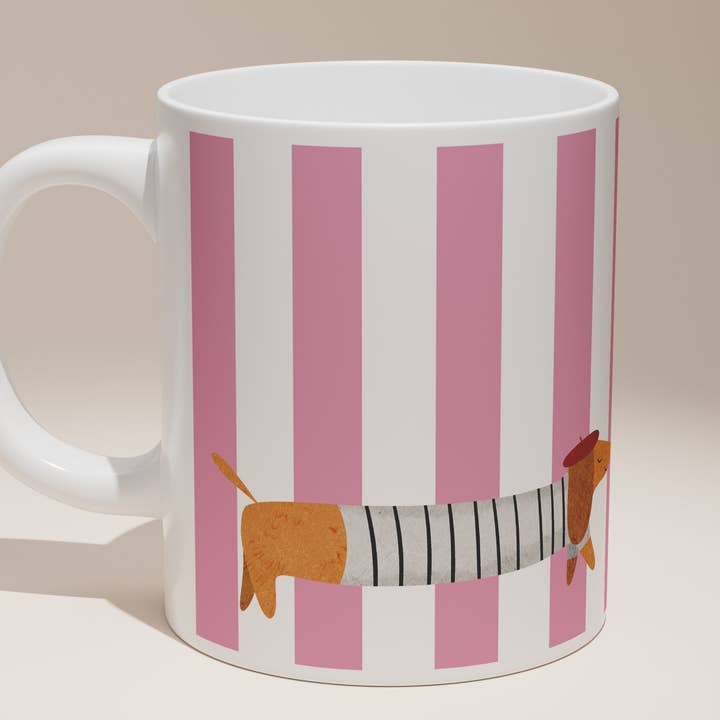 La Saucisse Parisienne Teckel Mok - Roze Strepen Franse Stijl voor wholesale door Teckels Tales Travels