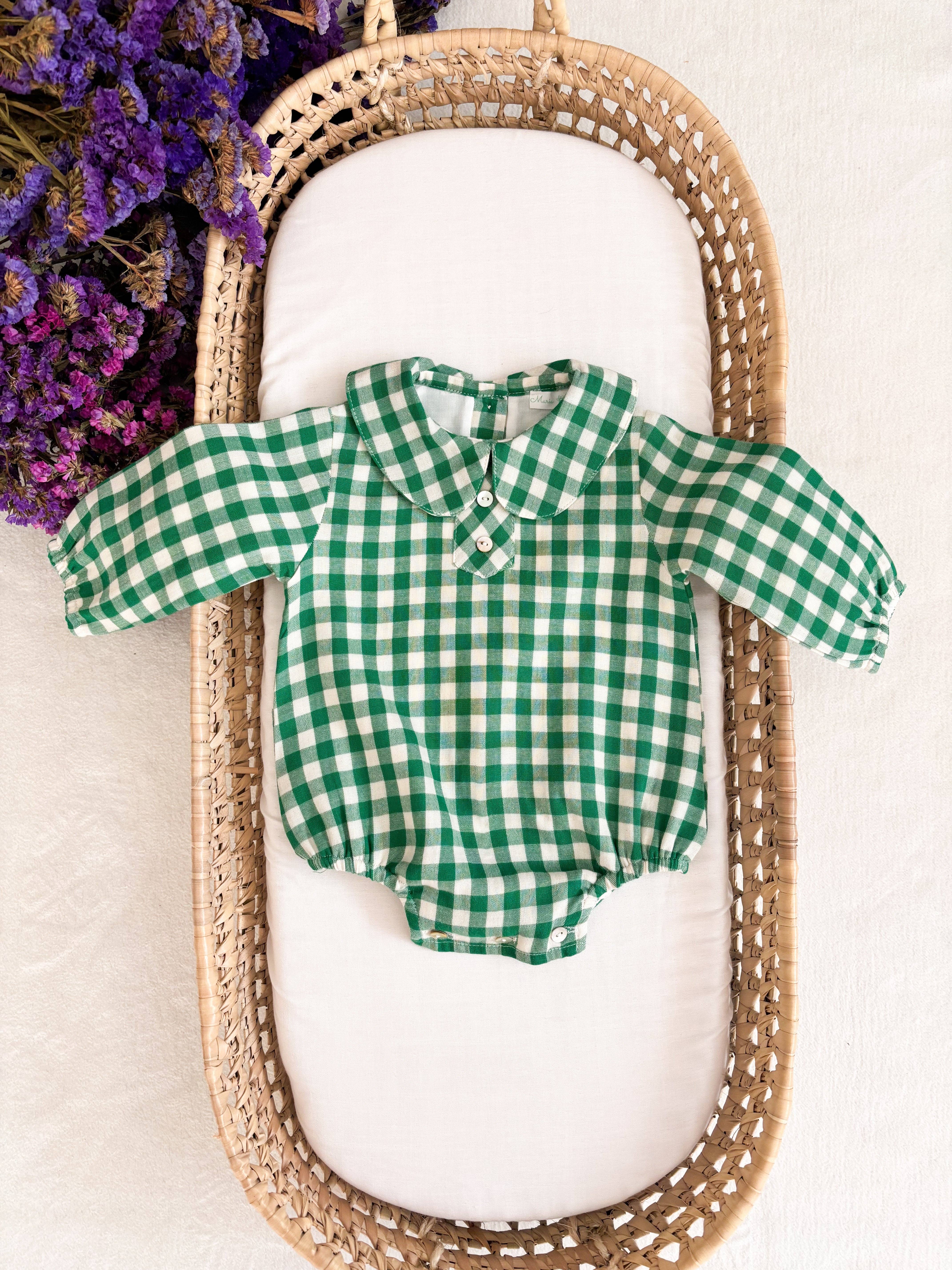 Maria Jasmim Baby & Child - Wholesale Bodysuit (Non-Footed) - Baby - Cute Peter Pan Collar Green Gingham2