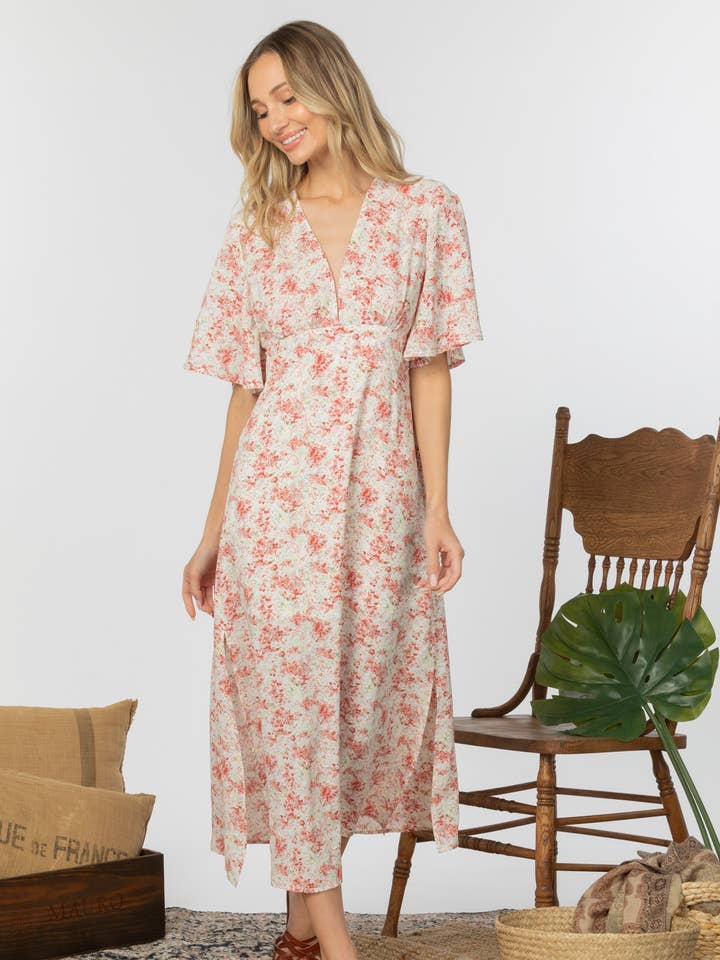 EP-DR27410 Floral Deep V-Neck Midi Dress for wholesale by ePretty