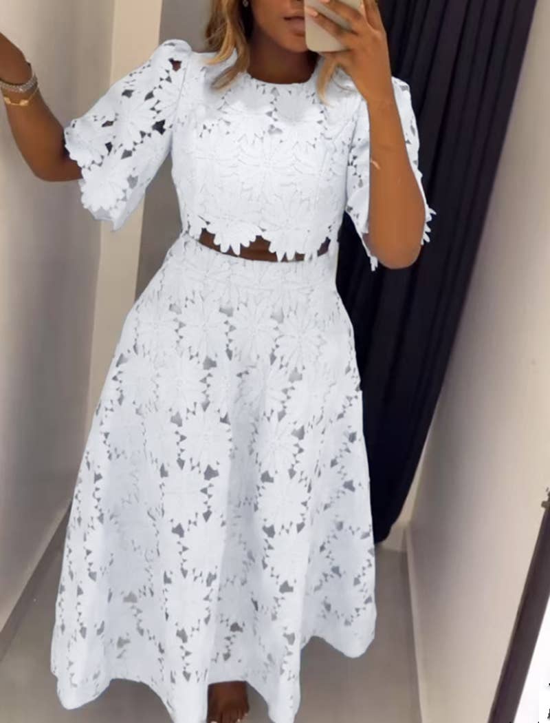 EmberLoom - Wholesale Top & Skirt Set - Women's - Floral Cut-Out Top and Midi Skirt Ensemble2