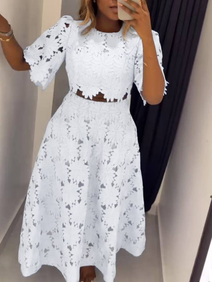 EmberLoom - Wholesale Top & Skirt Set - Women's - Floral Cut-Out Top and Midi Skirt Ensemble2