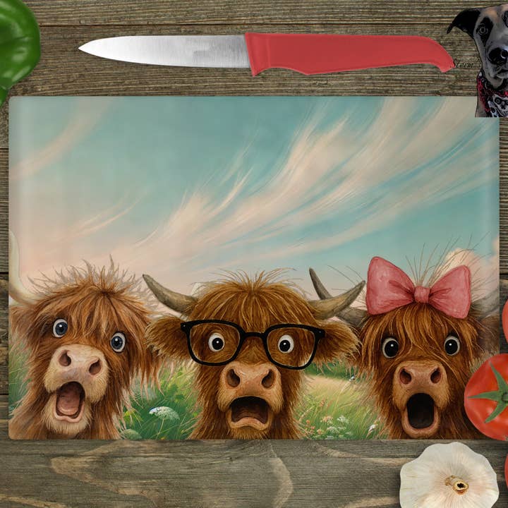 Personalised Surprised Highland Cow Glass Cutting Boards for wholesale by Storms Style