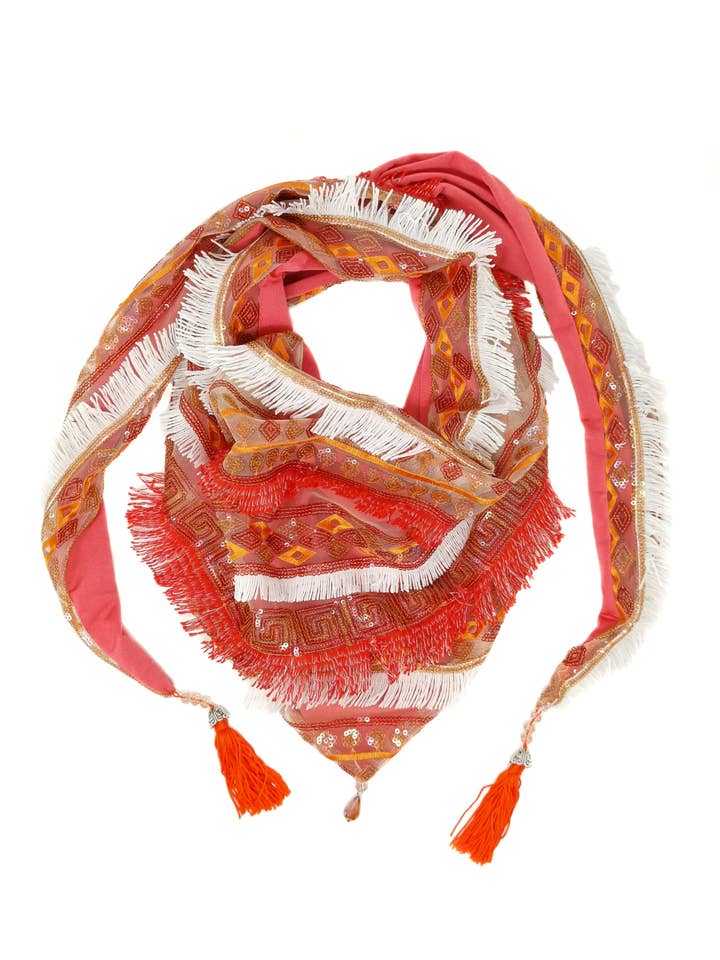 Coral organza bandana/scarf with fringes for wholesale by Tétè Accessories