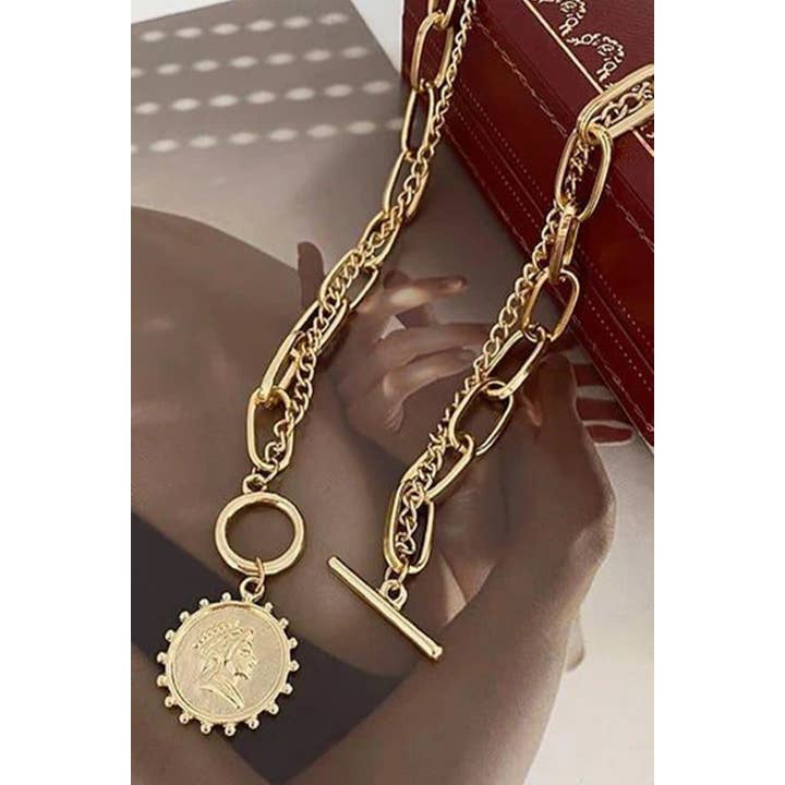 Gold LDC Plated Vintage Carved Coin Pendant Chain Necklace for wholesale on Faire3